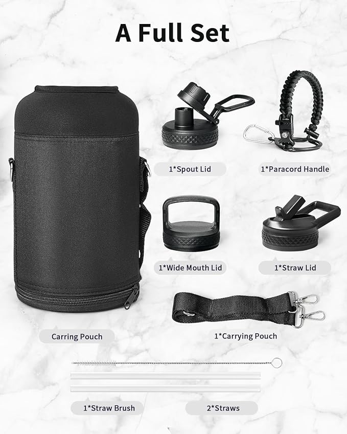 Trebo 64oz Water Bottle,Large Stainless Steel Water Jug with 3 Lids, Triple Wall Vacuum Sports Thermo bottle Keep Hot 24 Hours & Cold 48 Hours,Wide Mouth Flask,Black