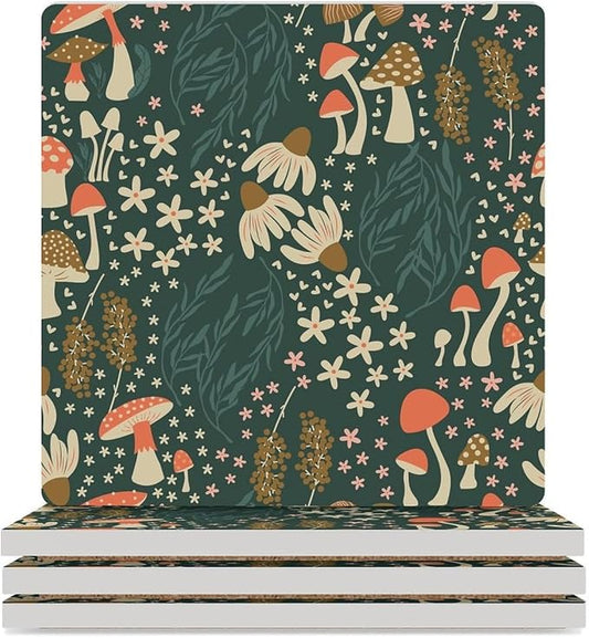 Square-4PCS Botanical Drink Coasters, Square Modern Ceramic Absorbent Coasters, Cartoon Green Botanical Floral Leaves Mushroom Plant Decor Desk Coffee Table Coaster for Beverage Cup Tea Coasters