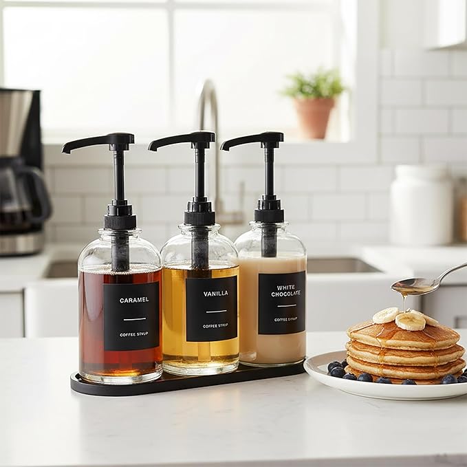 Coffee Syrup Dispenser for Coffee Bar, Glass Syrup Dispenser with 1/4oz Large Capacity Pump, Coffee Syrup Pump Dispenser Bottle for Coffee Station, Coffee Bar Organizer, Black with Tray,16.9oz