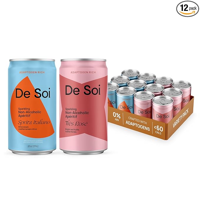 De Soi Soiree Set (Tres Rose + Spritz Italiano) Mocktails NA Drinks 8 fl oz (12-pack) - Adaptogen Drink, Sparkling Drink with Calming Botanicals, Mocktail Drinks, Gluten Free, No Artificial Flavors