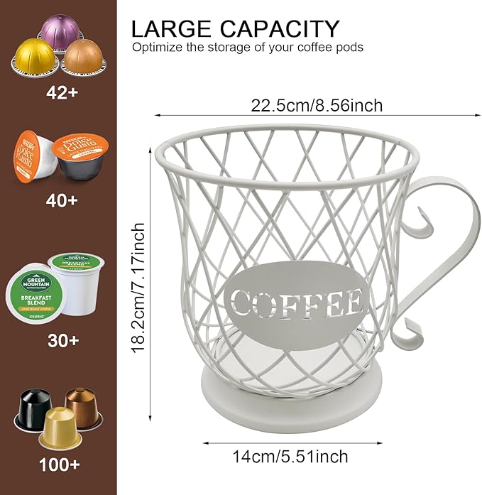 K Cup Organizer, Coffee Pod Storage Basket - Holder for 35 Pods, White