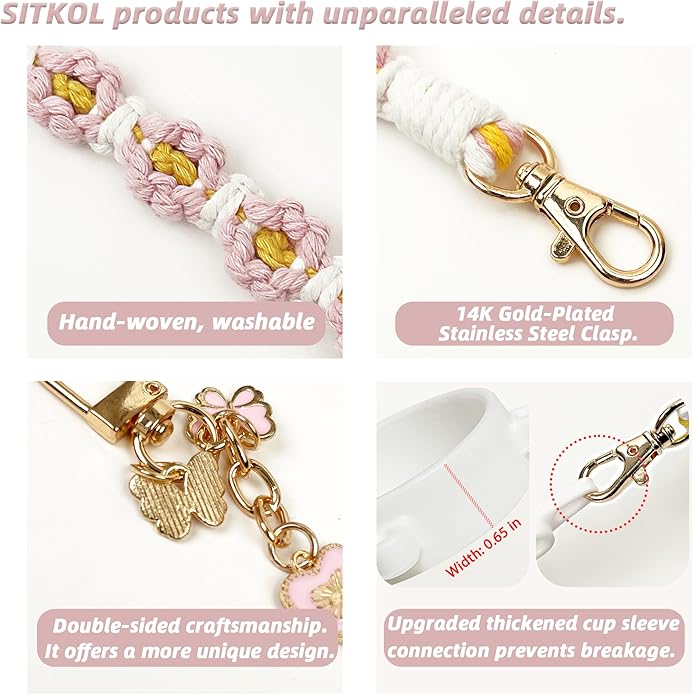 Compatible with Owala Water Bottle Accessories, Cute Letter Charm Set with Boho Handle Strap, Monogram Sticker, Silicone Ring, Keychain Decoration, for FreeSip 24 32 40oz, Owala Kids, Tumbler Gift