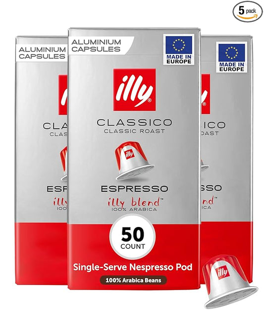 illy Espresso Compatible Capsules, Coffee Pods for Nespresso Original Line Machine, Classico Medium Roast, 100% Arabica, Premium Italian Coffee, Single Serve, 10 Count, 5 Pack