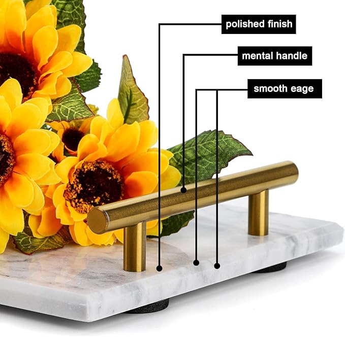 DEAYOU Decorative Tray with Gold Handles, Natural Marble Stone Tray, 12" Nightstand Serving Tray with Metal Handle, Perfume Tray Pastry Food Board for Bathroom, Vanity, Coffee Table, Desk, White
