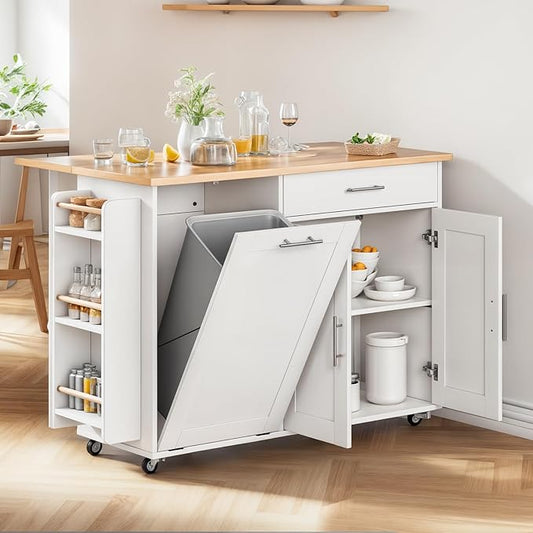 53.9" Rolling Kitchen Island Cart with Drop Leaf & Storage - Mobile Kitchen Organizer with Wheels, Rubberwood Top, Trash Bin Cabinet & Towel Rack, White Farmhouse Style for Small Spaces