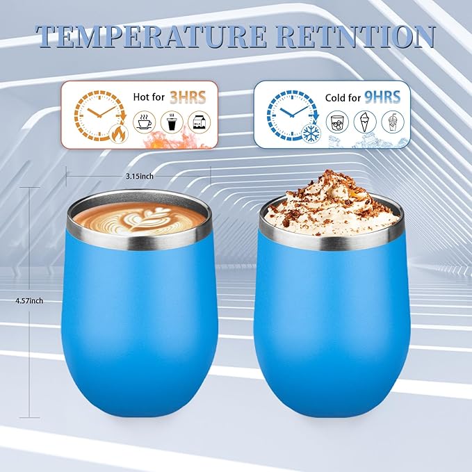 12oz Wine Tumbler with lid, Stainless Steel Travel Mugs Stemless Double Wall Insulated Coffee Cup, Insulated Wine Glasses Travel Tumbler for Cold & Hot Drinks(Blue, 1)