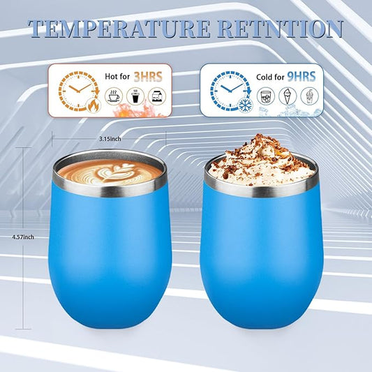 12oz Wine Tumbler with lid, Stainless Steel Travel Mugs Stemless Double Wall Insulated Coffee Cup, Insulated Wine Glasses Travel Tumbler for Cold & Hot Drinks(Blue, 1)