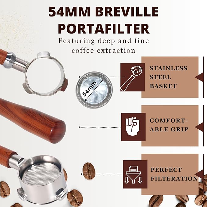 Espresso Portafilter 54mm Bottomless Compatible with Breville Duo-temp, Infuser, Bambino, Barista Express, Barista Touch, and Barista Pro Espresso - Stainless Steel Filter Basket Included