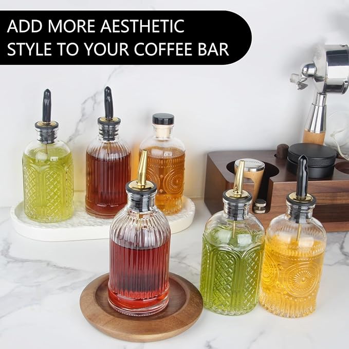 Simple Syrup Bottles Set of 6, Glass Coffee Syrup Dispenser Bottles 7 OZ With Metal Pour Spout, Labels and Stopper, Glass Syrup Dispenser for Maple Honey Syrup Oil and Sauces, SC060
