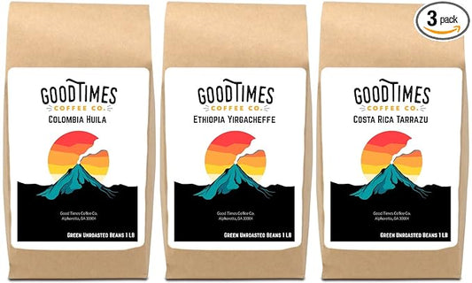 Good Times Coffee Company Colombian Huila Ethiopian Yirgacheffe Costa Rican Tarrazu Green Unroasted Coffee Beans, 3 Pound Variety