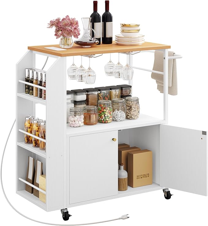 YITAHOME Kitchen Island Cart with Power Outlet, 36 Inch Mobile Kitchen Cart with Open Shelves, Rolling Portable Serving Utility Carts on Wheels with Storage for Kitchen, Dining Room, White