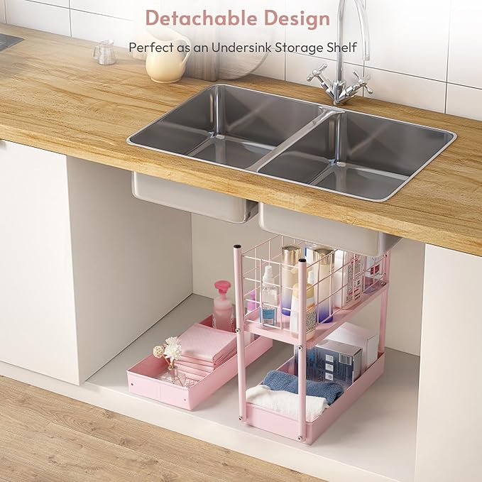danpinera 4 Tier Slim Cart with Wheels, 7.7’’ Metal Skinny Rolling Storage Cart on Wheels for Kitchen, Bedroom, Office, Laundry Room, Small Narrow Spaces with Hooks and Cups, Pink
