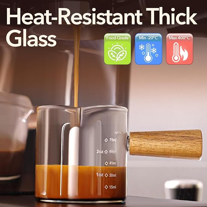 YARRAMATE 2.5 oz/75ML Espresso Cups with Wood Handle, Clear Glass Espresso Accessories, Double Spout Measuring Cup with Dual Scale, Espresso Shot Glass with V-Shaped Spout, Dishwasher Safe