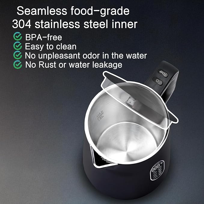 1.5L Electric Kettle Stainless Steel, Double Wall Cool Touch,Fast Boil,5 Temperature Control, LED Display, Auto Shut-Off, BPA-Free,Keep Warm Function, Ideal for Tea & Coffee (Black)
