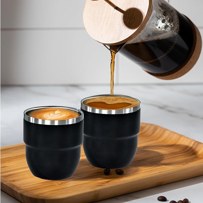 4oz Stackable Cup, Vacuum Insulated Espresso Cup Set of 2, Espresso Shot Glass for Coffee, Double Wall Stainless Steel Mini Tumbler Shot Glasses with Straw and Lid