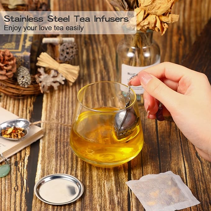 Cunhill 4 Sets Loose Tea Infusers Stainless Steel Teaballs Cute Tea Strainers Steeper Filters with Crystal Stone Pendants and Drip Tray Teacups Accessories(Cute Style)