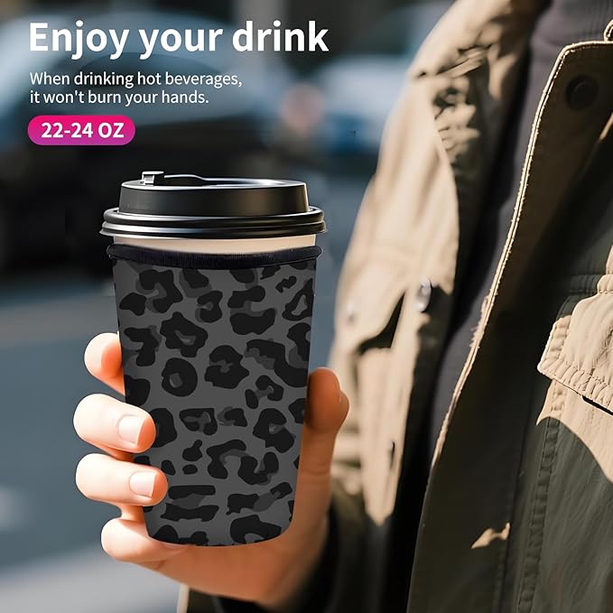 Reusable Neoprene Insulator Sleeve for Iced Coffee Cups, Medium 22-28oz Durable Drink Sleeve for Cold Beverages, Cute Beverage Holder Cup Sleeve for Women Men Cute Black Leopard