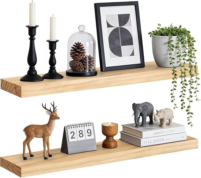 Floating Wall Shelves 30x6.8x1.7 Inch – Solid Wood Rustic Shelves in Natural Wood Finish – Wall Mounted Heavy Duty Display Shelf for Kitchen, Bedroom, Living Room – Set of 2