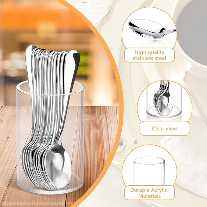 12 Pcs Mini Coffee Spoons with Holder 4.7 inch Demitasse Espresso Stainless Steel Spoon Tea Spoons set of 6 with Acrylic Cylinder Holder Small Coffee Spoon Silver for Cafe Bar Tea Party Home
