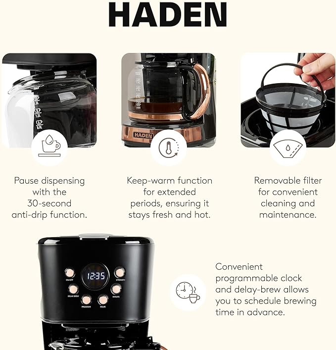HADEN Coffee Machine, 12 Cup Programmable Drip Coffee Maker with Auto Shut-Off Function and Reusable Washable Water Filter, Black & Copper