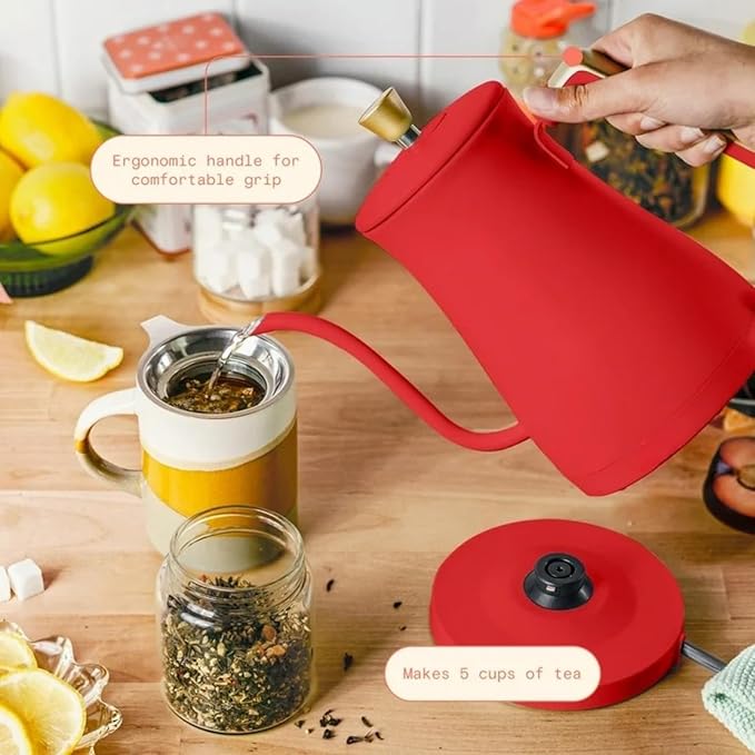Electric Gooseneck Kettle 1 Liter 1200W, Stainless Steel, Pour Over Coffee Tea, Auto Shut-Off, 360° Cordless Power Base (Tomato Red)