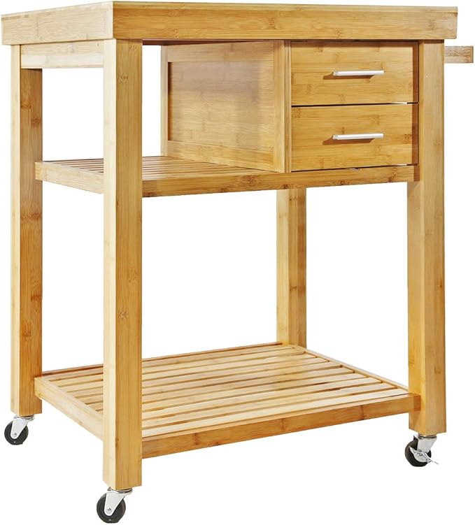 Home Aesthetics Rolling Kitchen Island Cart with Drawers Shelves, Towel Rack, Locking Casters, Butcher Block Food Prepping Cart Trolley on Wheels, Bamboo Wood