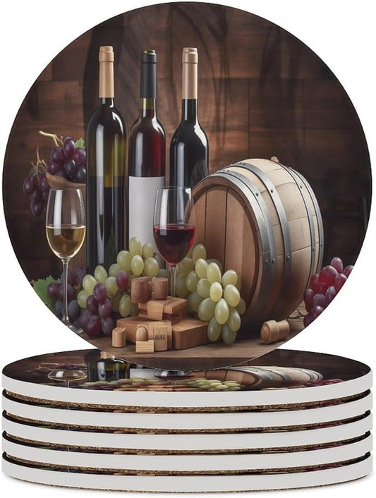 Red Wine Drink Coasters, Round Ceramic Drink Coaster Round-6PCS, Vintage Wood Style Red Wine Fruit Grapes Fruit Barware Decor Absorbent Ceramic Coasters for Beverage Cup, Bar, Coffee Table