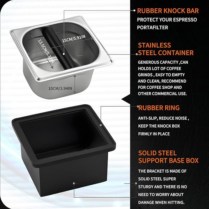 Espresso Knock Box,Large capacity Stainless Steel coffee knock box,espresso grounds knock box Suitable for use in cafés and homes(7.28 x 6.8 x 4.25 inch)