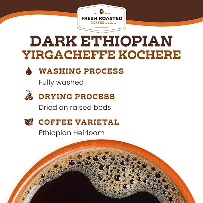 Fresh Roasted Coffee, Dark Ethiopian Yirgacheffe Kochere, 12 oz, Dark Roast, Kosher, Whole Bean