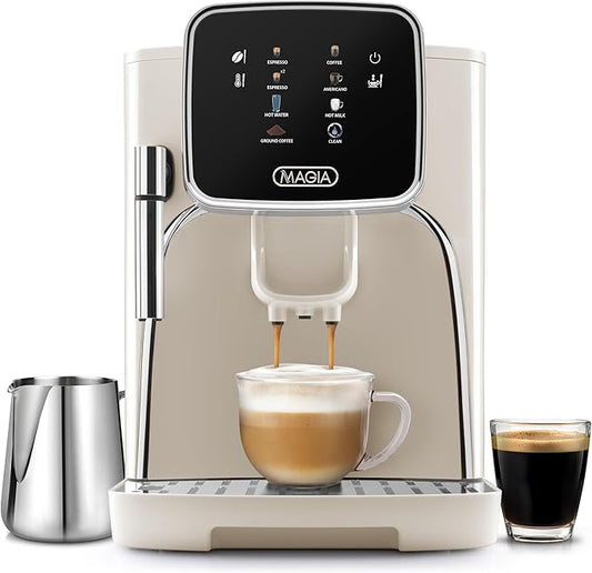 Zulay Kitchen Magia Clasica Automatic Espresso Machine with Built-In Grinder, Touch Panel Coffee Maker, Steam Wand Milk Frother, Adjustable Strength, Self-Cleaning, Cream & Silver