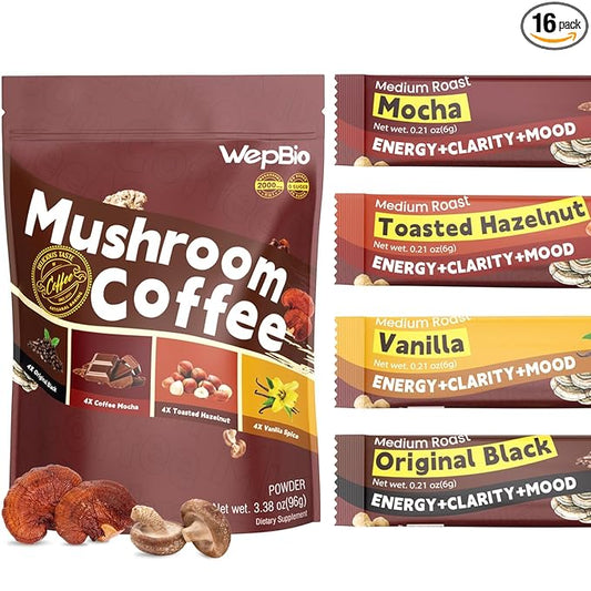 Mushroom Coffee - 11 in 1 Mushroom Blend with Lions Mane,Ashwagandha KSM-66 & L-Theanine Instant Mushrooms Coffee Packets for Energy, Focus & Digestion Sugar-Free 16 Servings Flavor Variety