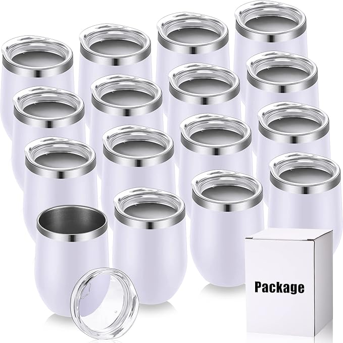 16 Pack Stainless Steel Wine Tumblers 12 oz Insulated Vacuum Wine Cup Set Double Wall Stainless Steel Stemless Mug Glasses for Coffee Soda Whiskey Outdoor Travel (White)