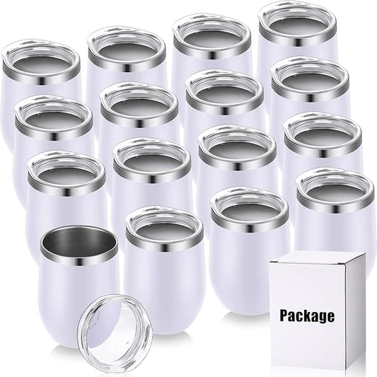 16 Pack Stainless Steel Wine Tumblers 12 oz Insulated Vacuum Wine Cup Set Double Wall Stainless Steel Stemless Mug Glasses for Coffee Soda Whiskey Outdoor Travel (White)