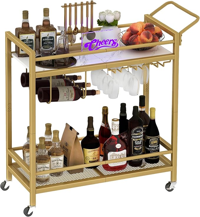 LAATOOREE Bar Cart, Two-Color Home Bar Serving Cart, Mobile Drink Beverage Cart with 2 Storage Shelves, Rolling Kitchen Cart with Wine Holder and Glass Holder, for Dinning Room, Living Room, Kitchen