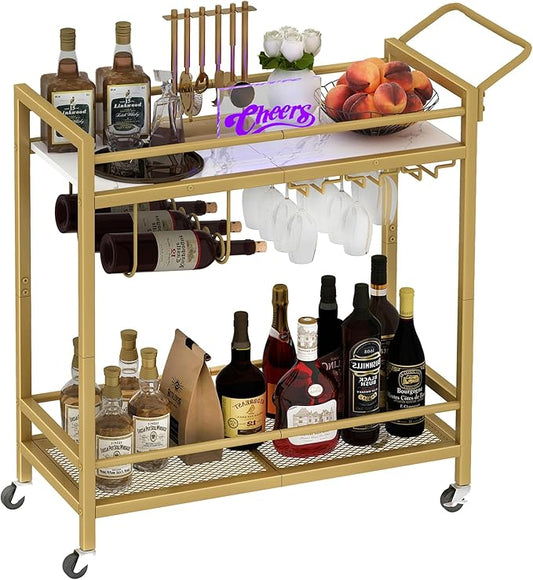 LAATOOREE Bar Cart, Two-Color Home Bar Serving Cart, Mobile Drink Beverage Cart with 2 Storage Shelves, Rolling Kitchen Cart with Wine Holder and Glass Holder, for Dinning Room, Living Room, Kitchen