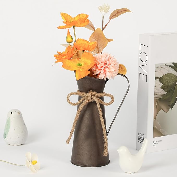 2 Pack Vintage Metal Milk Jug Vase Decor, Shabby Chic Decor Rustic Metal Pitcher, 7.87 Inch Pitcher Vintage Flower Vases for Home/Wedding Decorations
