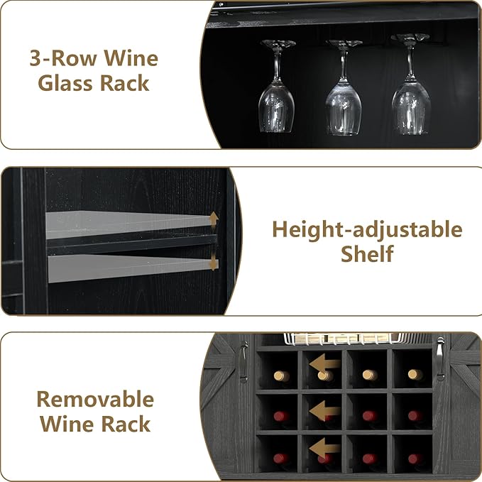 55 Inch Farmhouse Coffee Bar Cabinet with 3-Tier Enclosed Storage Cabinet, Kitchen Hutch with 12 Wine Racks & 3 Glass Holders, Coffee Bar with 6 Hooks, Wood Furniture for Dining Living Room, Black