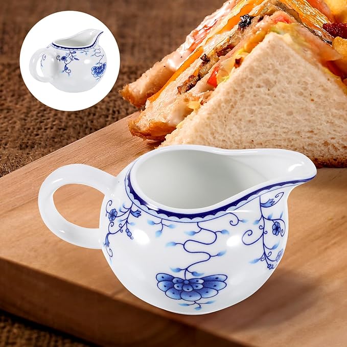 170ml/5.99oz Creamer Pitcher Small Porcelain Ceramic Creamer Pitcher Small Blue and White with Handle for Coffee Sauces Salad Milk