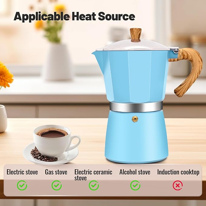 Vaolvpant 12 Cup Aluminum Moka Pot Classic Stovetop Espresso Coffee Maker 600ml 20oz Coffeemaker Percolator Mocha Pot Greca Coffee Maker Cafe Makers for Italian and Cuban Café Brewing Blue