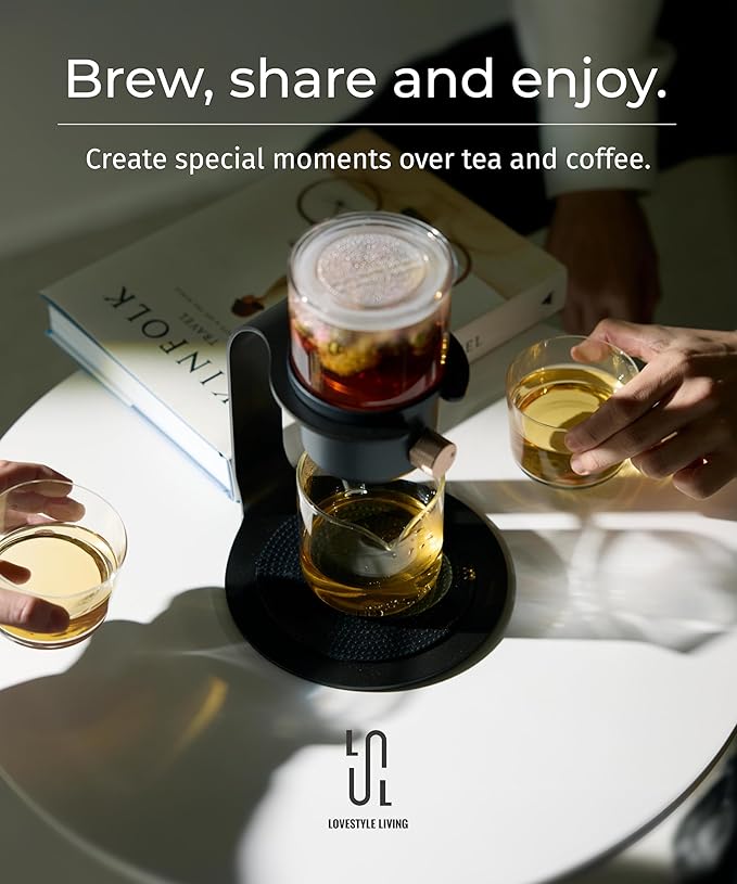 LSL LoveStyle Living Glass Tea Pot with Infusers for Loose Tea and Drip Coffee Pour Over, Semi Automatic Tea Set with Magnetic Clear Teapot, White