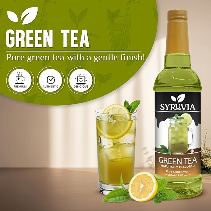 Syruvia Green Tea Flavored Syrup for Drinks, Cocktails, Lemonades, Iced Teas and Desserts – 25.4 fl oz, With Pump
