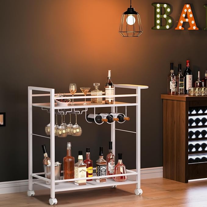 Bar Cart,Home Bar Serving Cart with Storage Shelves, 2 Tier Rolling Beverage Cart with Wheels, Modern Elegant White Wine Cart with Wine Rack and Glass Holder for Kitchen, Dinning Room,Living Room