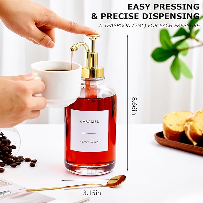 Coffee Syrup Dispenser for Bar, Glass Syrup Bottle with Pump, Coffee Pump Dispenser Bottle with Tray, Spoon for Station, Black,16.9 oz, 500 ml
