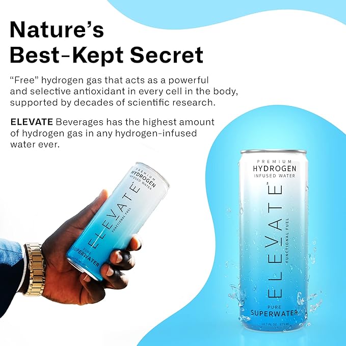 ELEVATE SUPERWATER Premium Hydrogen Water (12 pack). Highest Hydrogen (3-5 PPM) and Lowest -650 ORP. Supports Recovery, Energy, Hydration, Focus, and Endurance. BACKED BY SCIENCE.