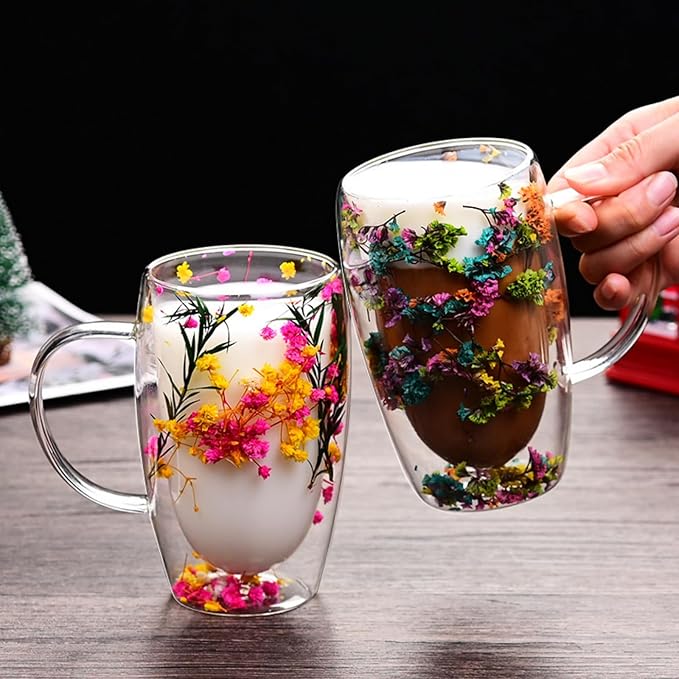 15.22oz, Double Wall Borosilicate Glass Coffee Mug with Heat-Resistant Handle, Insulated Flower Tea Cup, Multi-Color Options (mix,15.22oz)