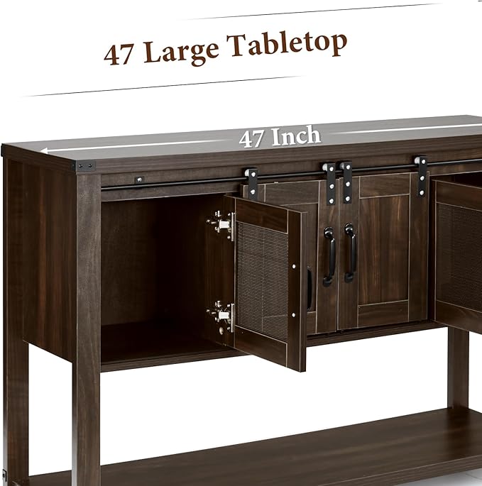 4ever2buy Farmhouse Coffee Bar Cabinet with Storage, 47'' Coffee Bar Table with Sliding Barn Door, Buffet Cabinet with Metal Mesh Doors, Console Table with Bottom Open Shelf, Brown