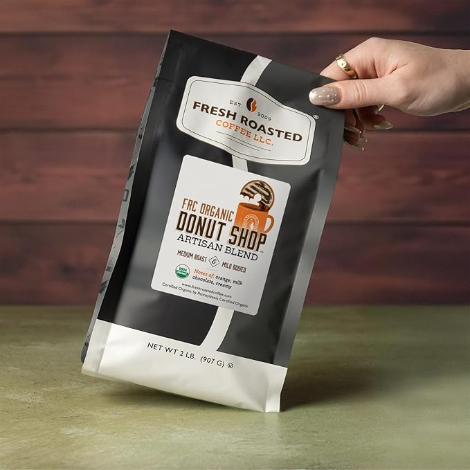 Fresh Roasted Coffee, Organic Donut Shop, 2 lb (32 oz), Medium Roast, Kosher, Whole Bean