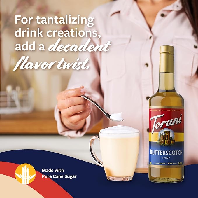 Torani Coffee Syrup, Butterscotch Flavoring for Drinks, Glass Bottle with Pump Included, 25.4 Fl Oz