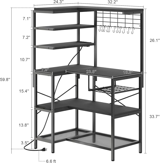 iabifo L-Shaped Bakers Rack with Power Outlet, 6-Tier Microwave Stand with Open Storage, Coffee Bar with Hooks, Mesh Grid, Kitchen Shelf with Wire Basket, Black