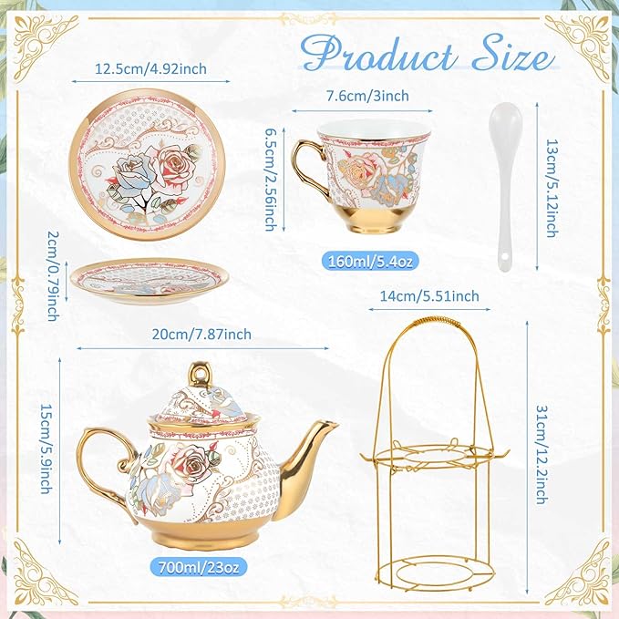 Zhehao 20 Pcs Porcelain Tea Set with Metal Holder and Spoon Adult Ceramic Tea Set European Flower Painting Teapot Cup Saucer Spoon for Women, Large Version(Minimalist Style)